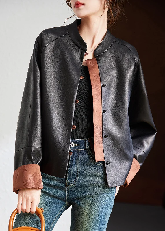 Plus size women's wool blend coats for a warm and stylish winterLoose Coffee Stand Collar Button Patchwork Faux Leather Coat Long Sleeve Plus size women's wool blend coats for a warm and stylish winterLoose Coffee Stand Collar Button Patchwork Faux Leather Coat Long Sleeve