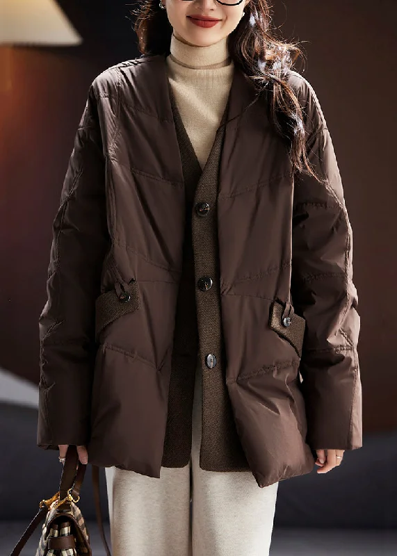 Women's reversible down coats with two - tone designs for versatile stylingLoose Coffee V Neck Button Pockets Duck Down Coats Long Sleeve