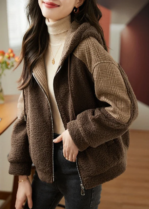 Women's long - sleeve wool coats in a houndstooth pattern for a classic charmLoose Coffee Zippered Plaid Patchwork Faux Fur Hoodie Coat Fall Women's long - sleeve wool coats in a houndstooth pattern for a classic charmLoose Coffee Zippered Plaid Patchwork Faux Fur Hoodie Coat Fall