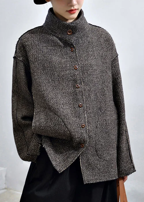 Embroidered women's cotton coats in a bohemian pattern for a unique designLoose Dark Gray Button Pockets Patchwork Cashmere Coats Fall Embroidered women's cotton coats in a bohemian pattern for a unique designLoose Dark Gray Button Pockets Patchwork Cashmere Coats Fall