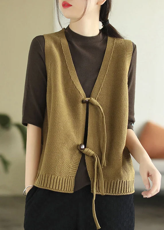 Women's pea coats with brass buttons for a nautical - inspired styleLoose Dark Khaki V Neck Button Knit Waistcoat Sleeveless