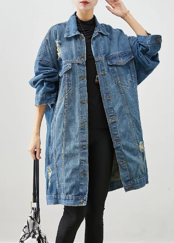 Women's pea coats with brass buttons for a nautical - inspired styleLoose Denim Blue Oversized Pockets Cotton Ripped Coats Fall Women's pea coats with brass buttons for a nautical - inspired styleLoose Denim Blue Oversized Pockets Cotton Ripped Coats Fall
