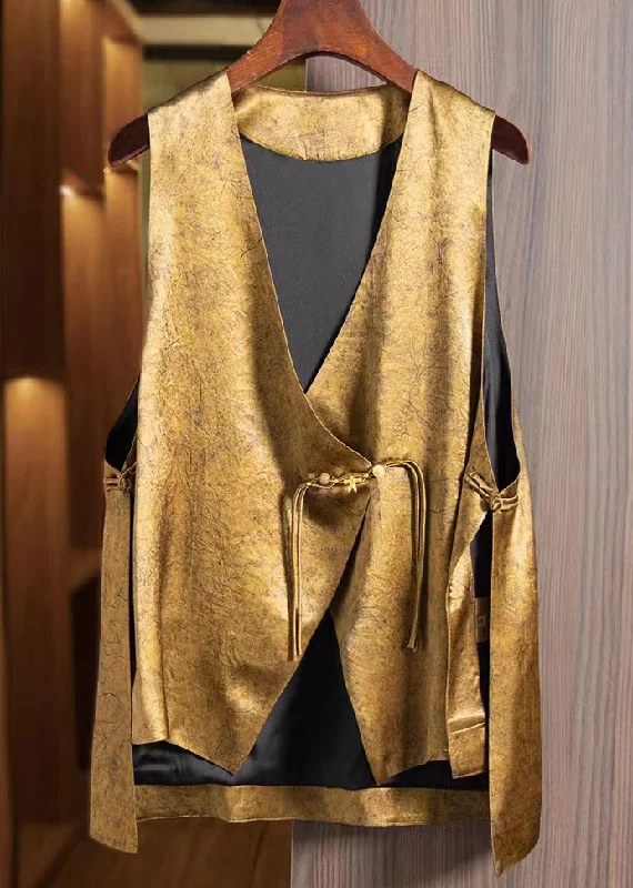 Women's cropped leather coats with silver studs for an edgy lookLoose Gold Asymmetrical Button Silk Waistcoat Sleeveless Women's cropped leather coats with silver studs for an edgy lookLoose Gold Asymmetrical Button Silk Waistcoat Sleeveless
