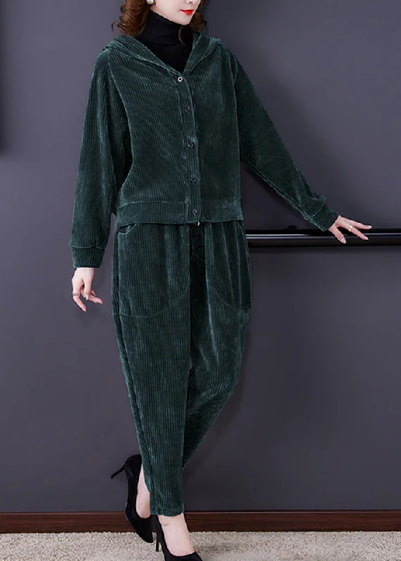 Women's faux fur coats in bright colors for a bold fashion statementLoose Green Button Hooded Corduroy Coats And Harem Pants Two Pieces Set Long Sleeve Women's faux fur coats in bright colors for a bold fashion statementLoose Green Button Hooded Corduroy Coats And Harem Pants Two Pieces Set Long Sleeve