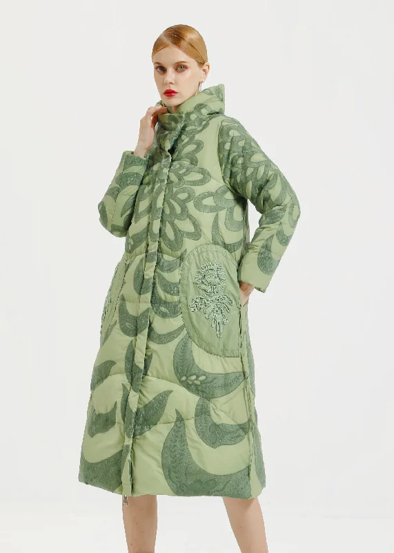Oversized women's wool coats in a monochromatic look for a trendy outfitLoose Green Hooded Embroideried Patchwork Duck Down Long Coat Winter