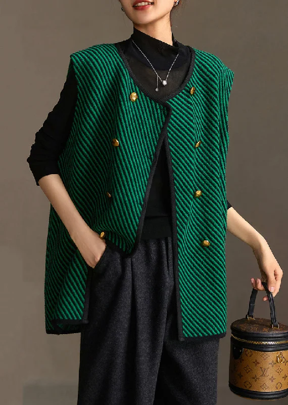 Oversized women's wool coats in a monochromatic look for a trendy outfitLoose Green Striped O Neck Button Knit Waistcoat Sleeveless