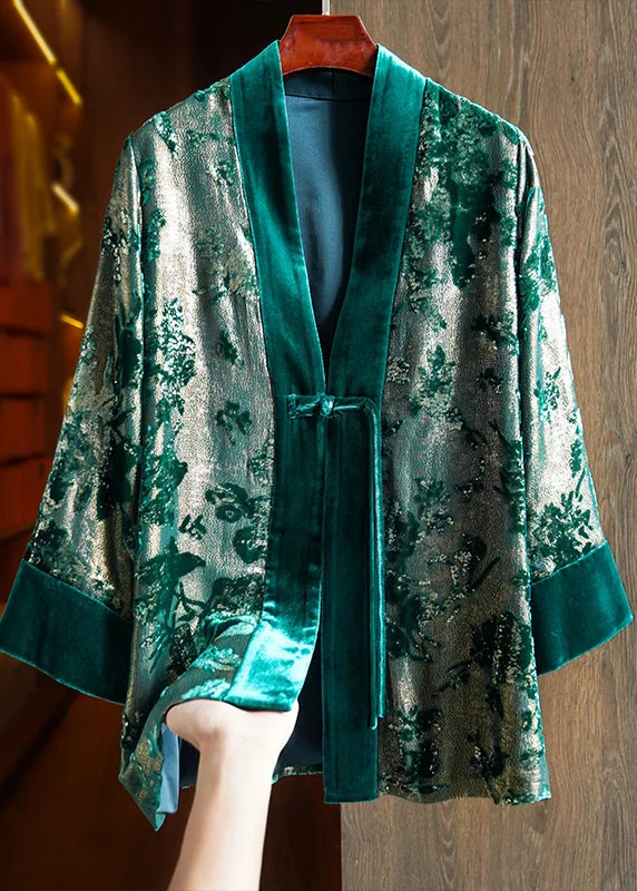 Women's long - sleeve wool coats in a houndstooth pattern for a classic charmLoose Green V Neck Jacquard Patchwork Silk Velour Coats Fall Women's long - sleeve wool coats in a houndstooth pattern for a classic charmLoose Green V Neck Jacquard Patchwork Silk Velour Coats Fall