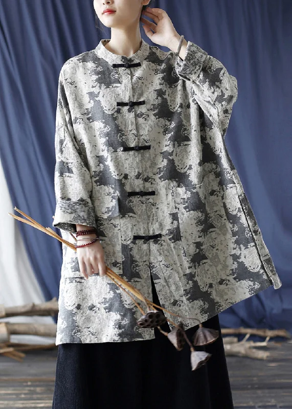 Women's faux fur coats in bright colors for a bold fashion statementLoose Grey Button Print Pockets Cotton Coats Long Sleeve Women's faux fur coats in bright colors for a bold fashion statementLoose Grey Button Print Pockets Cotton Coats Long Sleeve