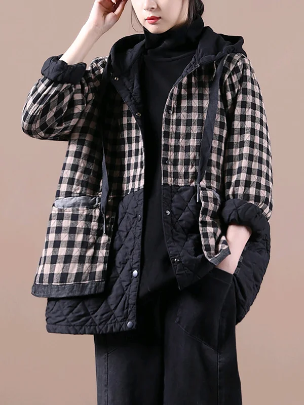 Petite women's wool blend coats with a tailored fit for a flattering silhouetteLoose Korean Style Plaid Hooded Colorblock Padded Coat Petite women's wool blend coats with a tailored fit for a flattering silhouetteLoose Korean Style Plaid Hooded Colorblock Padded Coat