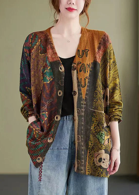 Women's cropped leather coats with silver studs for an edgy lookLoose Mitch Button Print Patchwork Cotton Knit Coat Fall Women's cropped leather coats with silver studs for an edgy lookLoose Mitch Button Print Patchwork Cotton Knit Coat Fall