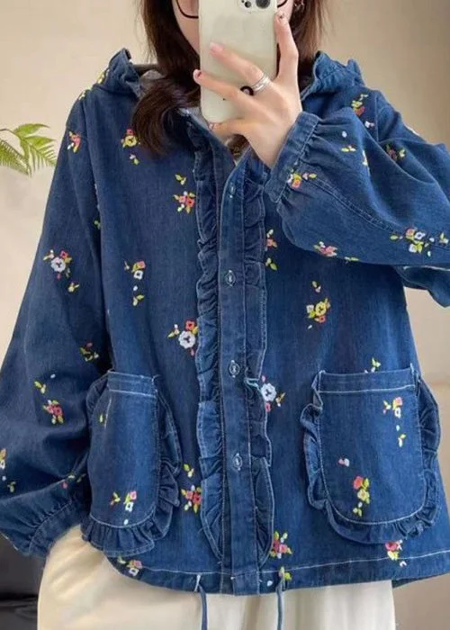 Women's cropped leather coats with silver studs for an edgy lookLoose Multi Hooded Ruffled Print Lace Up Denim Coat Spring Women's cropped leather coats with silver studs for an edgy lookLoose Multi Hooded Ruffled Print Lace Up Denim Coat Spring