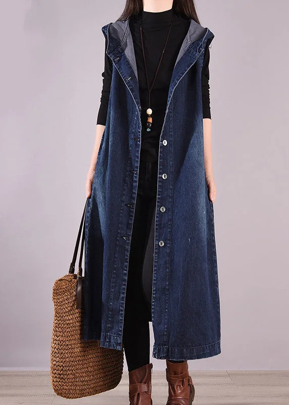 Shearling - lined women's leather coats for ultimate warmth and luxuryLoose Navy Hooded Button Denim Waistcoat Long Coats Sleeveless Shearling - lined women's leather coats for ultimate warmth and luxuryLoose Navy Hooded Button Denim Waistcoat Long Coats Sleeveless