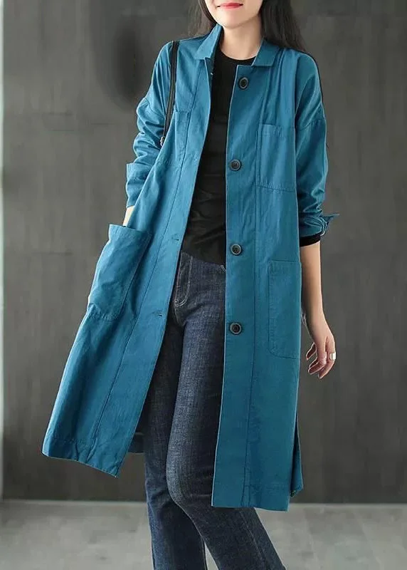 Petite women's wool blend coats with a tailored fit for a flattering silhouetteLoose Peacock Blue Button Pockets Tie Waist Cotton Coat Fall Petite women's wool blend coats with a tailored fit for a flattering silhouetteLoose Peacock Blue Button Pockets Tie Waist Cotton Coat Fall