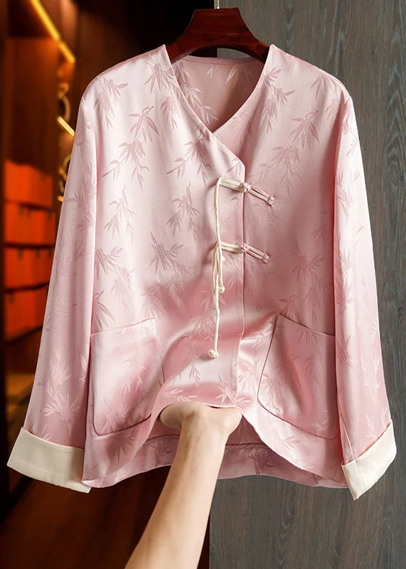 Mid - length women's down coats in a slim fit for a modern and sleek appearanceLoose Pink Button Print Pockets Patchwork Silk Coats Fall Mid - length women's down coats in a slim fit for a modern and sleek appearanceLoose Pink Button Print Pockets Patchwork Silk Coats Fall