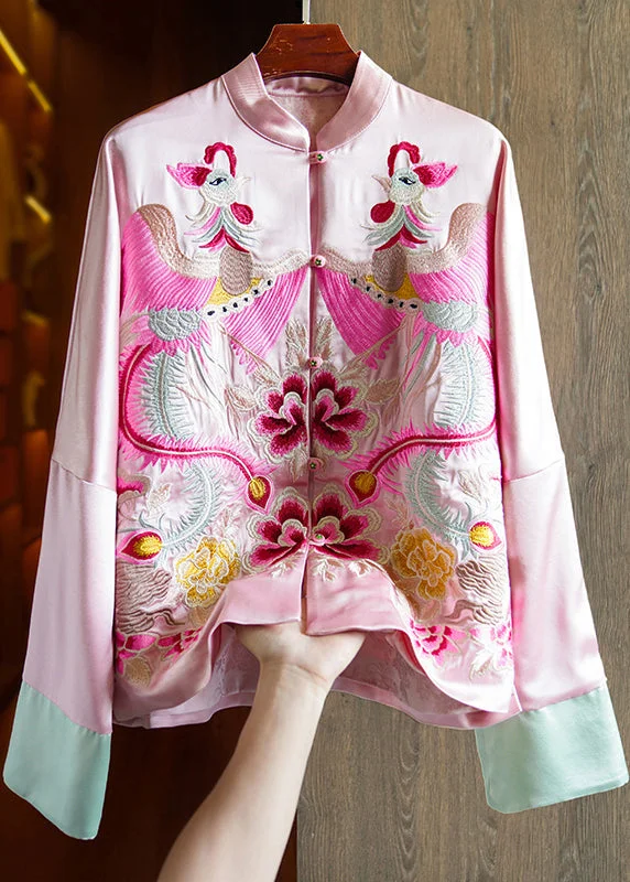 Shearling - lined women's leather coats for ultimate warmth and luxuryLoose Pink Stand Collar Embroideried Patchwork Silk Coats Fall Shearling - lined women's leather coats for ultimate warmth and luxuryLoose Pink Stand Collar Embroideried Patchwork Silk Coats Fall