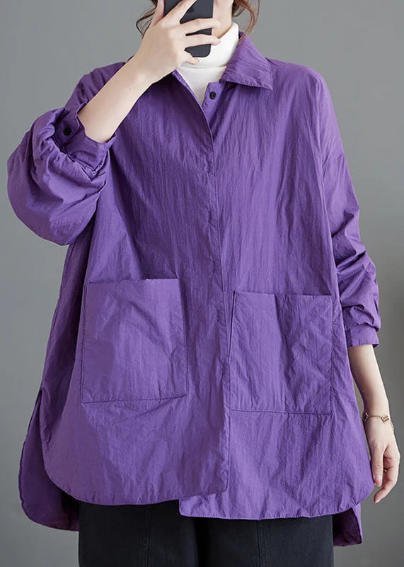 Mid - length women's down coats in a slim fit for a modern and sleek appearanceLoose Purple Peter Pan Collar Pockets Patchwork Parkas Coats Long Sleeve Mid - length women's down coats in a slim fit for a modern and sleek appearanceLoose Purple Peter Pan Collar Pockets Patchwork Parkas Coats Long Sleeve