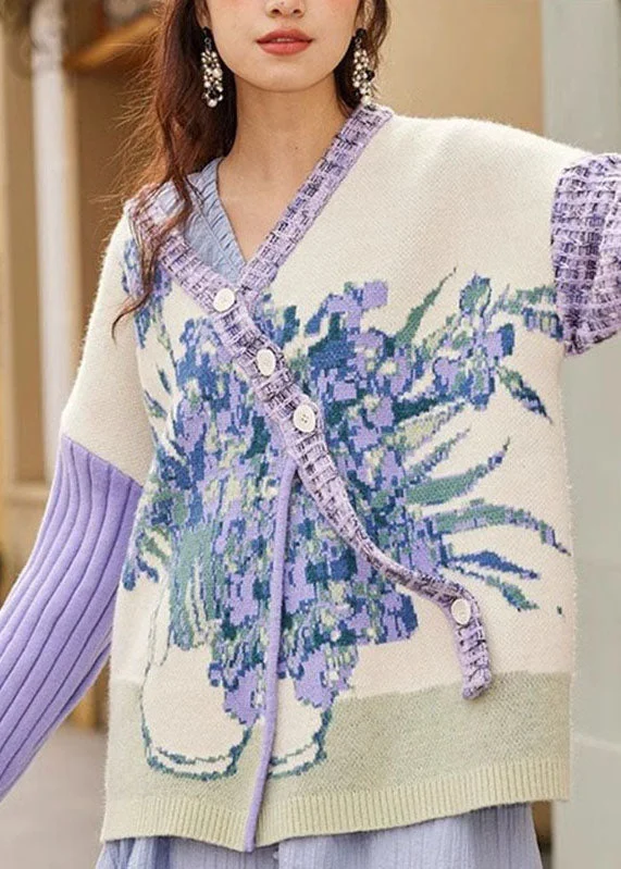 Checkered women's wool coats in a classic pattern for a timeless styleLoose Purple V Neck Floral Button Cotton Knit Sweater Coats Fall Checkered women's wool coats in a classic pattern for a timeless styleLoose Purple V Neck Floral Button Cotton Knit Sweater Coats Fall