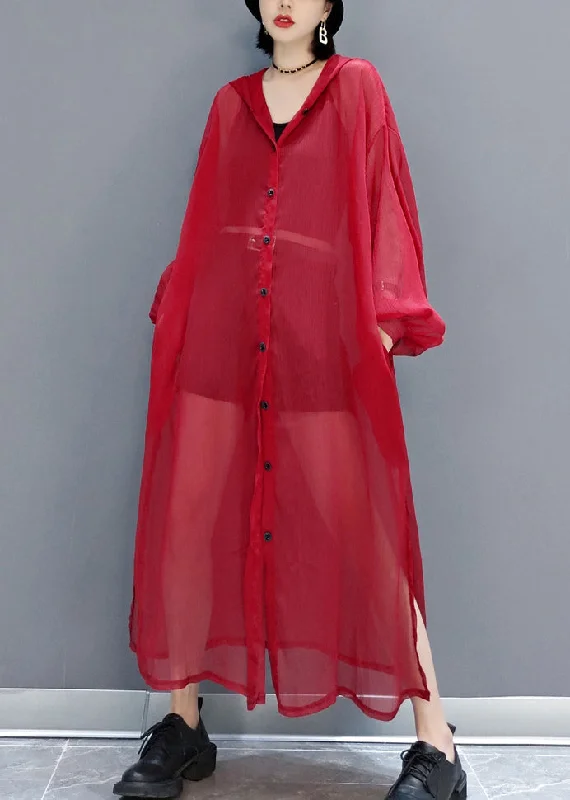 Plus size women's wool blend coats for a warm and stylish winterLoose Red Hooded Button Pockets Tulle UPF 50+ Coat Long Sleeve Plus size women's wool blend coats for a warm and stylish winterLoose Red Hooded Button Pockets Tulle UPF 50+ Coat Long Sleeve