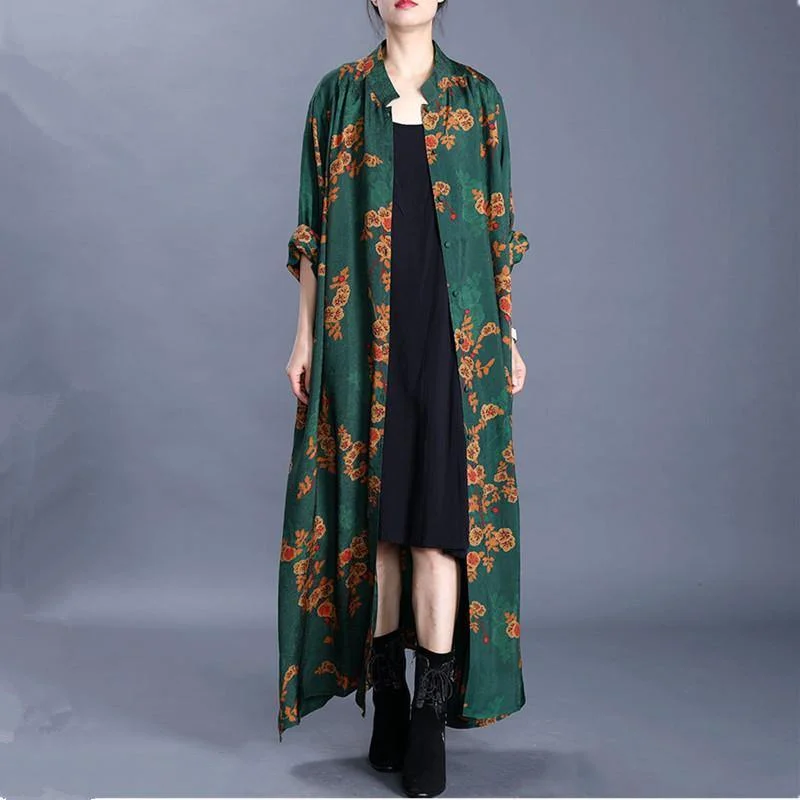 Embroidered women's cotton coats in a bohemian pattern for a unique designLoose stand collar side open top quality spring tunic coats green print outwear Embroidered women's cotton coats in a bohemian pattern for a unique designLoose stand collar side open top quality spring tunic coats green print outwear