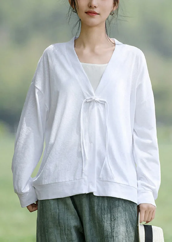 Oversized women's wool coats in a monochromatic look for a trendy outfitLoose White Tasseled Thin Cotton Loose Coat Long Sleeve