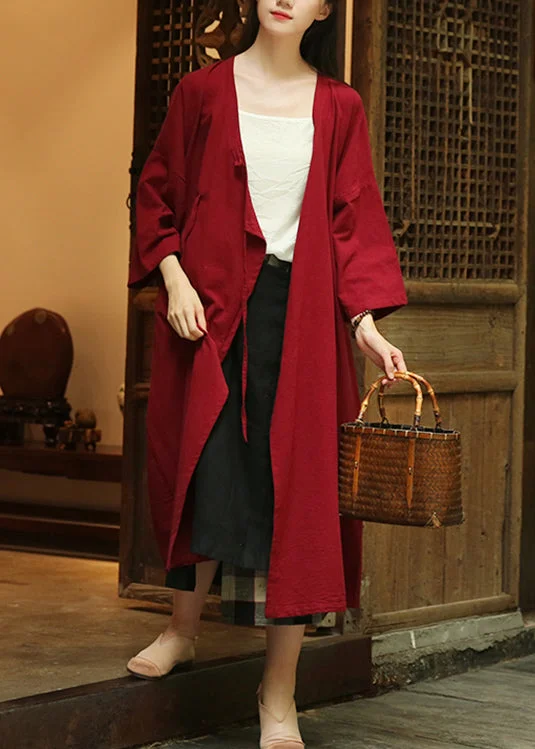 Women's faux fur coats in bright colors for a bold fashion statementLoose Wine Red Button Lace Up Patchwork Cotton Coats Fall Women's faux fur coats in bright colors for a bold fashion statementLoose Wine Red Button Lace Up Patchwork Cotton Coats Fall