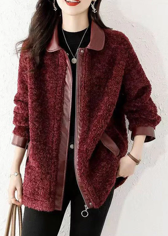 Checkered women's wool coats in a classic pattern for a timeless styleLoose Wine Red Zippered Patchwork Teddy Faux Fur Coat Winter Checkered women's wool coats in a classic pattern for a timeless styleLoose Wine Red Zippered Patchwork Teddy Faux Fur Coat Winter