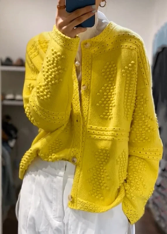 Mid - length women's down coats in a slim fit for a modern and sleek appearanceLoose Yellow Button Hollow Out Patchwork Cotton Knit Coats Long Sleeve Mid - length women's down coats in a slim fit for a modern and sleek appearanceLoose Yellow Button Hollow Out Patchwork Cotton Knit Coats Long Sleeve