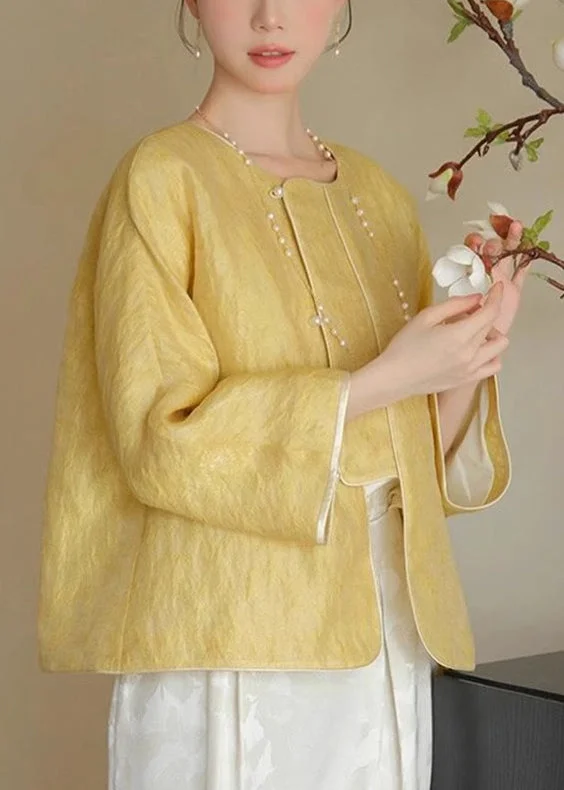 Women's pea coats with brass buttons for a nautical - inspired styleLoose Yellow O-Neck Solid Button Silk Coats Spring Women's pea coats with brass buttons for a nautical - inspired styleLoose Yellow O-Neck Solid Button Silk Coats Spring