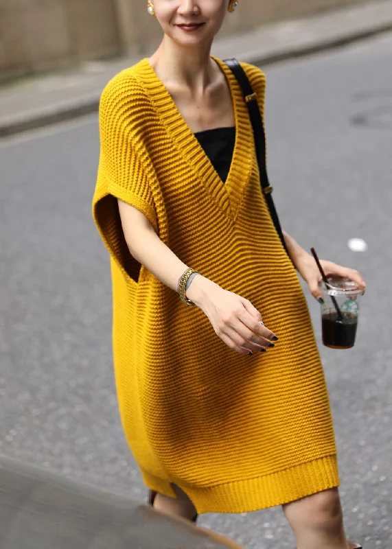 Women's longline double - breasted camel coats for a sophisticated lookLoose Yellow V Neck Side Open Knit Waistcoat Dress Fall Women's longline double - breasted camel coats for a sophisticated lookLoose Yellow V Neck Side Open Knit Waistcoat Dress Fall