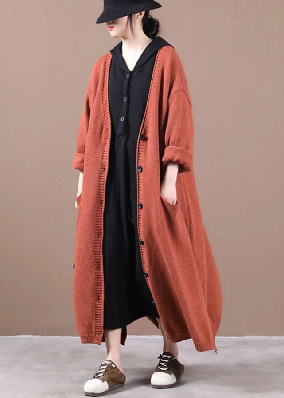 Women's pea coats with brass buttons for a nautical - inspired styleLuxury Orange Red Pockets Fall Long Knit Coat Women's pea coats with brass buttons for a nautical - inspired styleLuxury Orange Red Pockets Fall Long Knit Coat