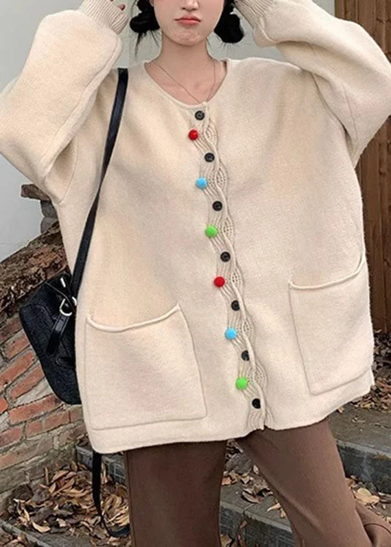 Women's knee - length wool blend coats with a fur collar for added warmthModern Apricot O-Neck Pockets Button Cotton Knit Sweater Coats Fall Women's knee - length wool blend coats with a fur collar for added warmthModern Apricot O-Neck Pockets Button Cotton Knit Sweater Coats Fall