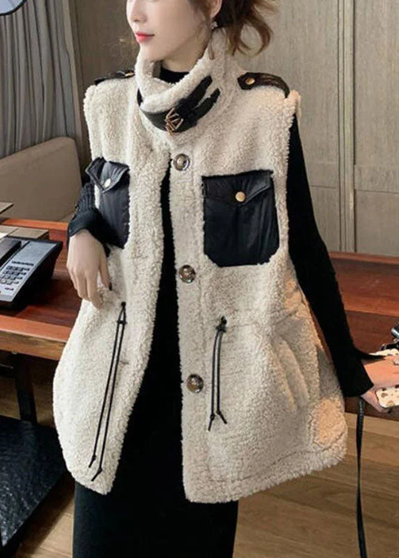 Women's long - sleeve wool coats in a houndstooth pattern for a classic charmModern Beige drawstring Pockets Winter Sleeveless Teddy Vest Jacket Women's long - sleeve wool coats in a houndstooth pattern for a classic charmModern Beige drawstring Pockets Winter Sleeveless Teddy Vest Jacket