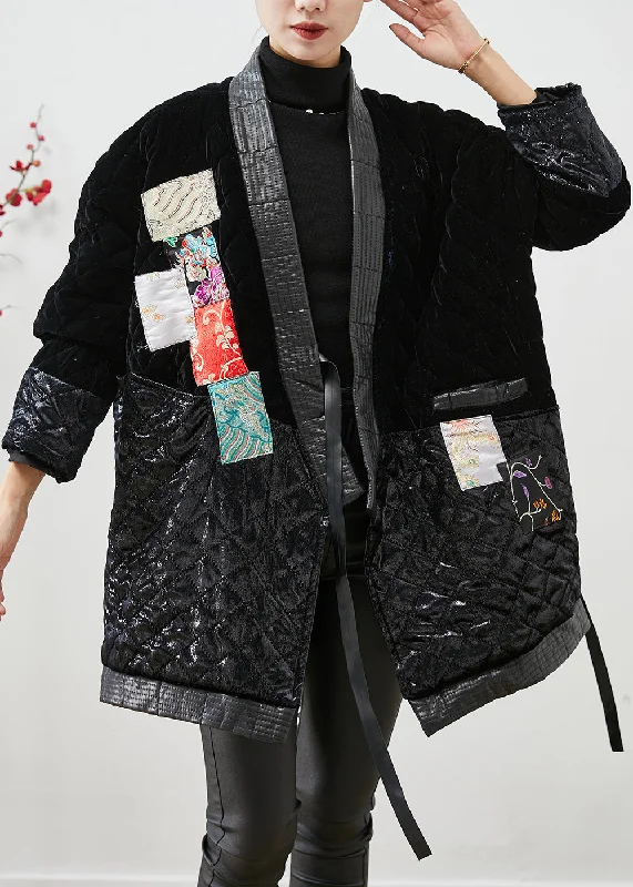 Oversized women's wool coats in a monochromatic look for a trendy outfitModern Black Lace Up Patchwork Silk Velour Cotton Filled Coat Winter