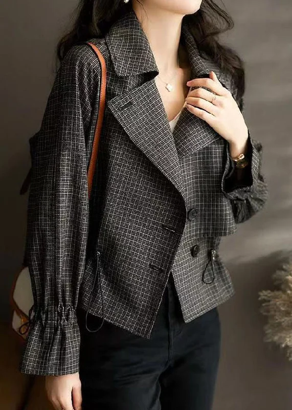 Long women's mac coats in a lightweight fabric for spring showersModern Black Peter Pan Collar Plaid Drawstring Patchwork Cotton Jacket Fall Long women's mac coats in a lightweight fabric for spring showersModern Black Peter Pan Collar Plaid Drawstring Patchwork Cotton Jacket Fall