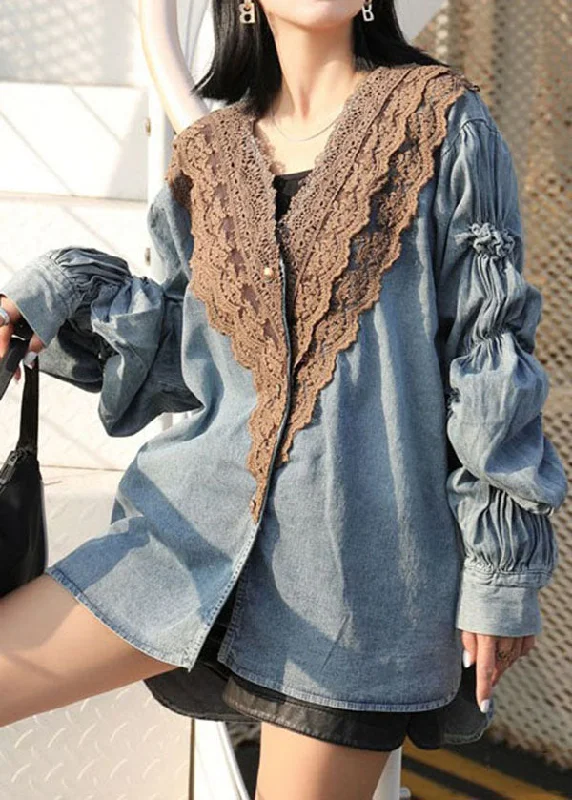 Women's reversible down coats with two - tone designs for versatile stylingModern Blue V Neck Wrinkled Lace Patchwork Denim Shirts Coat Spring Women's reversible down coats with two - tone designs for versatile stylingModern Blue V Neck Wrinkled Lace Patchwork Denim Shirts Coat Spring