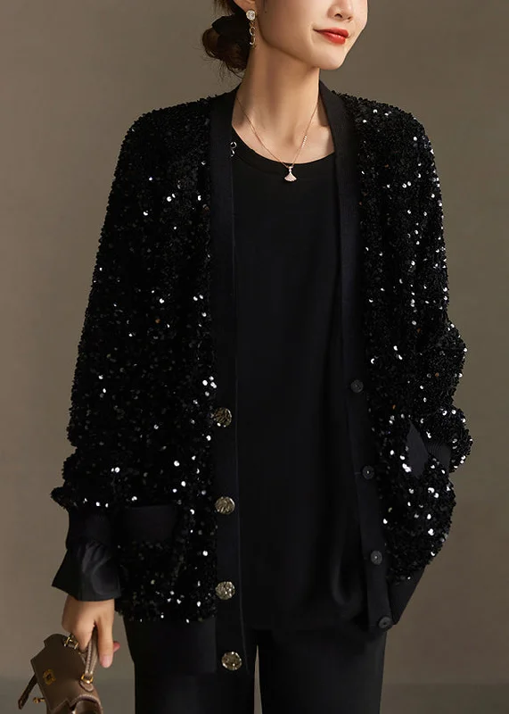 Shearling - lined women's leather coats for ultimate warmth and luxuryModern Boutique Black V Neck Pockets Sequins Short Coat Spring Shearling - lined women's leather coats for ultimate warmth and luxuryModern Boutique Black V Neck Pockets Sequins Short Coat Spring