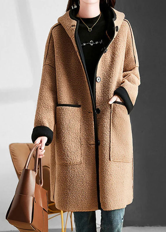Women's knee - length wool blend coats with a fur collar for added warmthModern Camel Patchwork Button Hoodie Faux Fur Coat Long Sleeve Women's knee - length wool blend coats with a fur collar for added warmthModern Camel Patchwork Button Hoodie Faux Fur Coat Long Sleeve