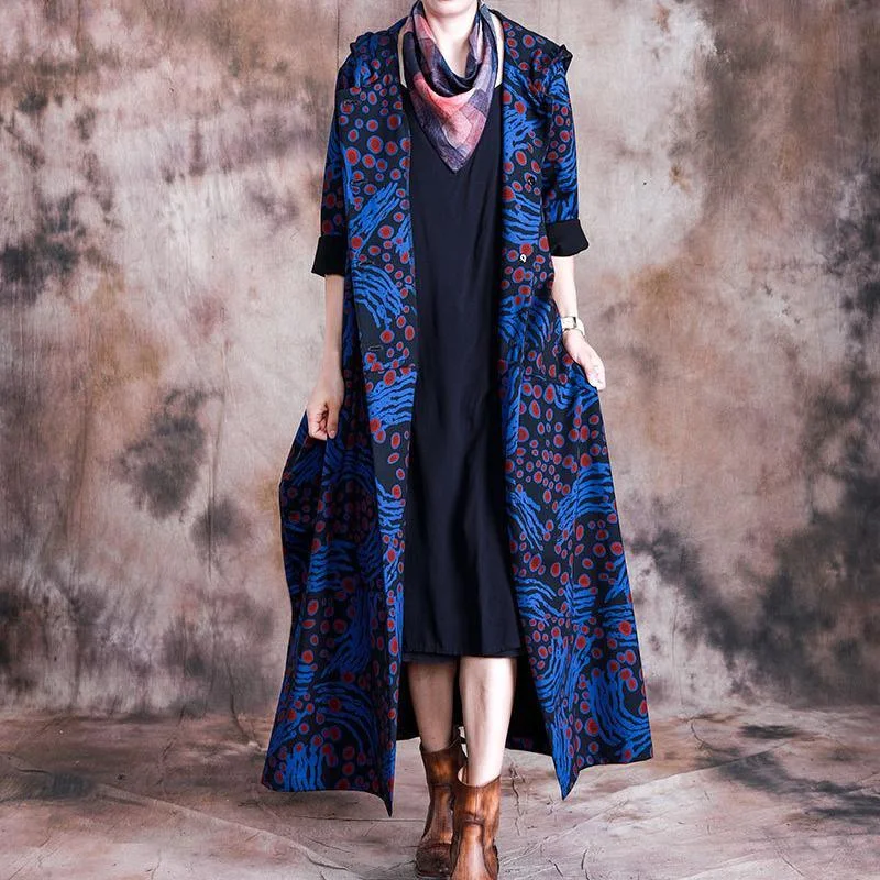 Long women's mac coats in a lightweight fabric for spring showersModern hooded Fashion patchwork tunic coats blue prints daily outwears Long women's mac coats in a lightweight fabric for spring showersModern hooded Fashion patchwork tunic coats blue prints daily outwears