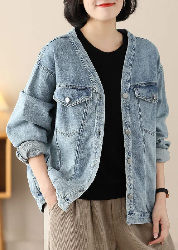 Plus size women's wool blend coats for a warm and stylish winterModern Light Blue V Neck Oversized Cotton Denim Coats Spring Plus size women's wool blend coats for a warm and stylish winterModern Light Blue V Neck Oversized Cotton Denim Coats Spring