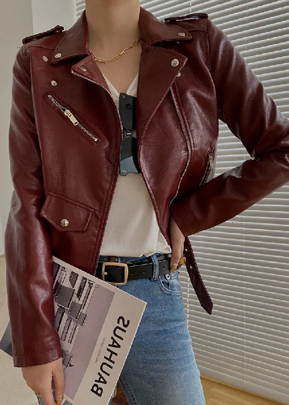 Women's cropped leather coats with silver studs for an edgy lookModern Mulberry Peter Pan Collar Patchwork Faux Leather Jackets Fall Women's cropped leather coats with silver studs for an edgy lookModern Mulberry Peter Pan Collar Patchwork Faux Leather Jackets Fall