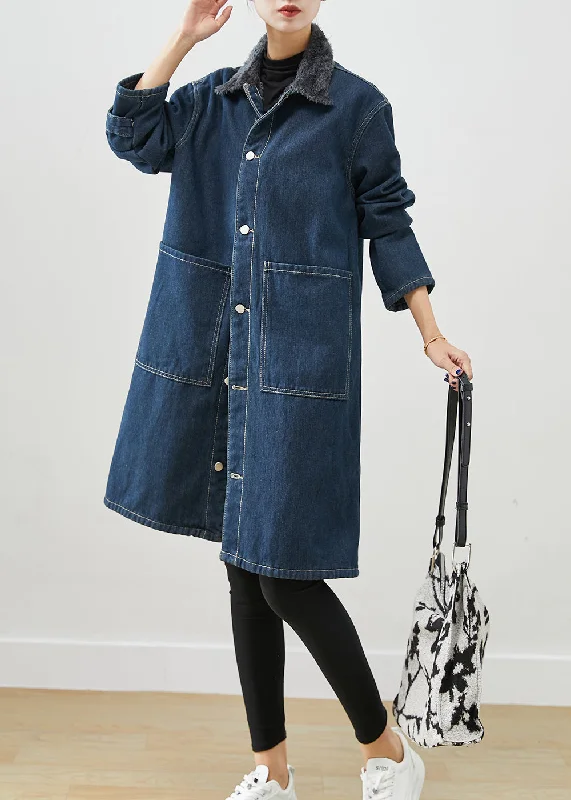 Embroidered women's cotton coats in a bohemian pattern for a unique designModern Navy Peter Pan Collar Pockets Warm Fleece Denim Coats Winter Embroidered women's cotton coats in a bohemian pattern for a unique designModern Navy Peter Pan Collar Pockets Warm Fleece Denim Coats Winter