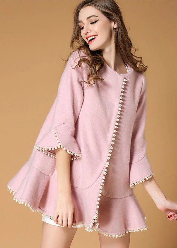 Embroidered women's cotton coats in a bohemian pattern for a unique designModern Pink Nail bead Ruffles Woolen Coats Spring Embroidered women's cotton coats in a bohemian pattern for a unique designModern Pink Nail bead Ruffles Woolen Coats Spring