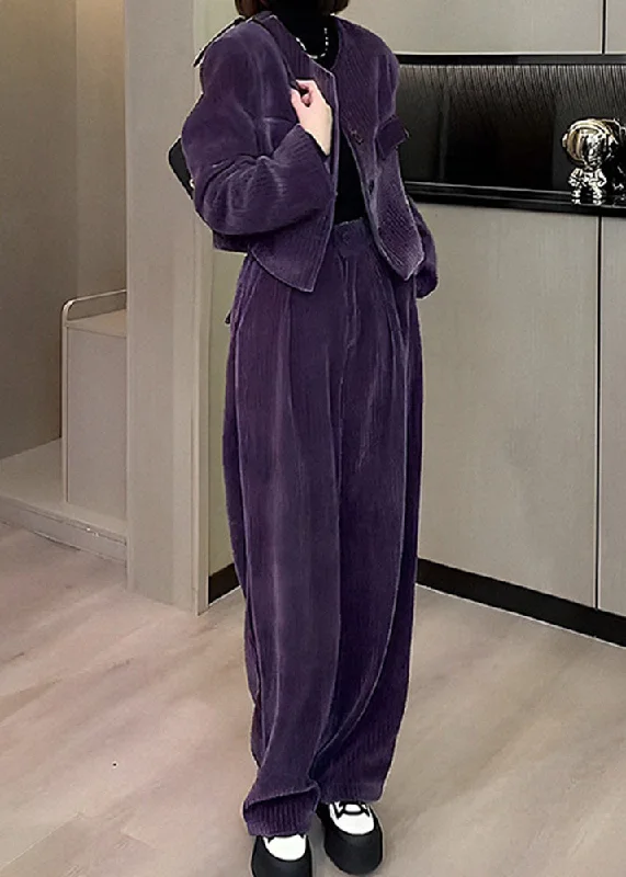 Shearling - lined women's leather coats for ultimate warmth and luxuryModern Purple O-Neck Button Silk Velour Coats And Wide Leg Pants Two Pieces Set Fall Shearling - lined women's leather coats for ultimate warmth and luxuryModern Purple O-Neck Button Silk Velour Coats And Wide Leg Pants Two Pieces Set Fall