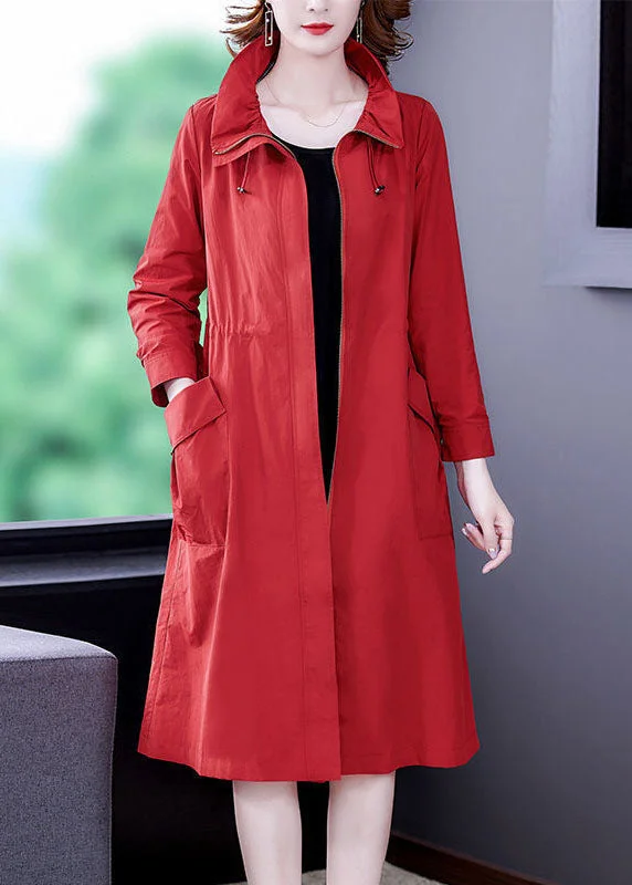 Mid - length women's down coats in a slim fit for a modern and sleek appearanceModern Red Stand Collar Zip Up Silk Coat Outwear Long Sleeve Mid - length women's down coats in a slim fit for a modern and sleek appearanceModern Red Stand Collar Zip Up Silk Coat Outwear Long Sleeve