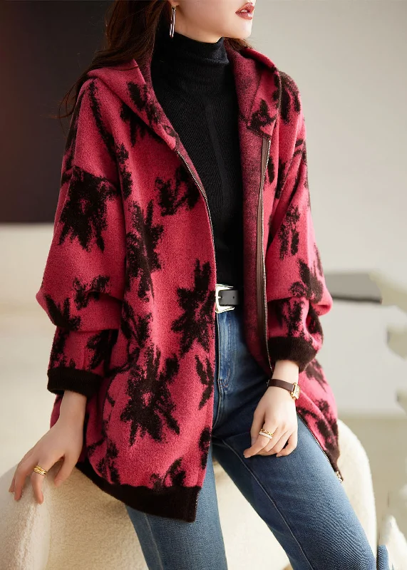 Women's reversible down coats with two - tone designs for versatile stylingModern Rose Print Zippered Thick Woolen Hoodies Coat Fall Women's reversible down coats with two - tone designs for versatile stylingModern Rose Print Zippered Thick Woolen Hoodies Coat Fall