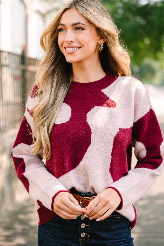 Tie - Front Women's Lambswool Sweaters in Pastel HuesMove On Over Burgundy Red Cow Print Sweater Tie - Front Women's Lambswool Sweaters in Pastel HuesMove On Over Burgundy Red Cow Print Sweater