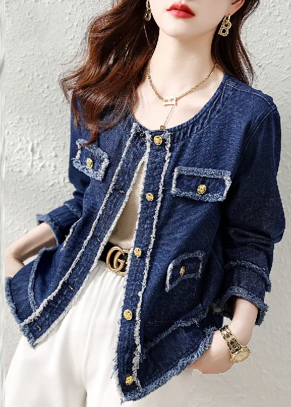 Women's cropped leather coats with silver studs for an edgy lookNatural Denim Blue O-Neck Patchwork Button Coat Long Sleeve Women's cropped leather coats with silver studs for an edgy lookNatural Denim Blue O-Neck Patchwork Button Coat Long Sleeve