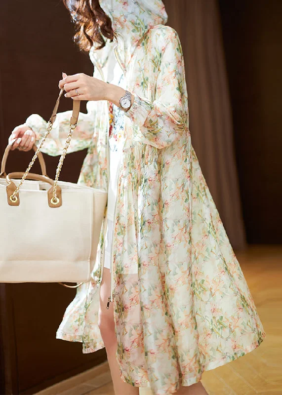 Belted women's cashmere coats in soft pastels for a luxurious feelNatural Light Green Print Chiffon Hooded UPF 50+ Coat Summer Belted women's cashmere coats in soft pastels for a luxurious feelNatural Light Green Print Chiffon Hooded UPF 50+ Coat Summer