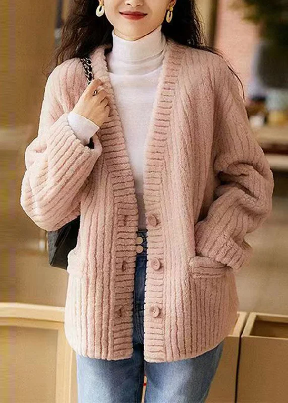 Quilted down women's coats with removable hoods for outdoor activitiesNatural Pink V Neck Pockets Patchwork Wool Coat Winter Quilted down women's coats with removable hoods for outdoor activitiesNatural Pink V Neck Pockets Patchwork Wool Coat Winter