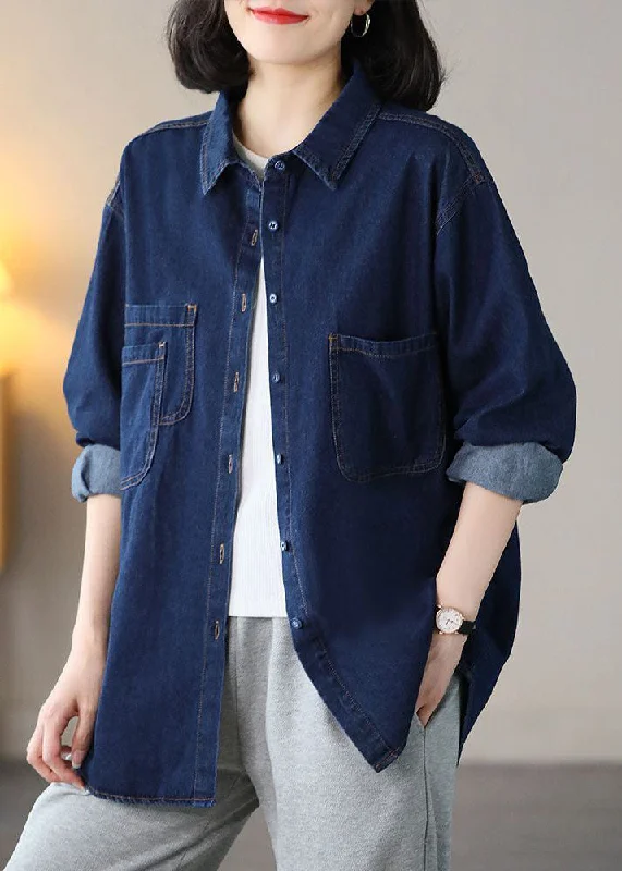 Women's knee - length wool blend coats with a fur collar for added warmthNavy Cotton Denim Coats Oversized Turn-down Collar Spring Women's knee - length wool blend coats with a fur collar for added warmthNavy Cotton Denim Coats Oversized Turn-down Collar Spring